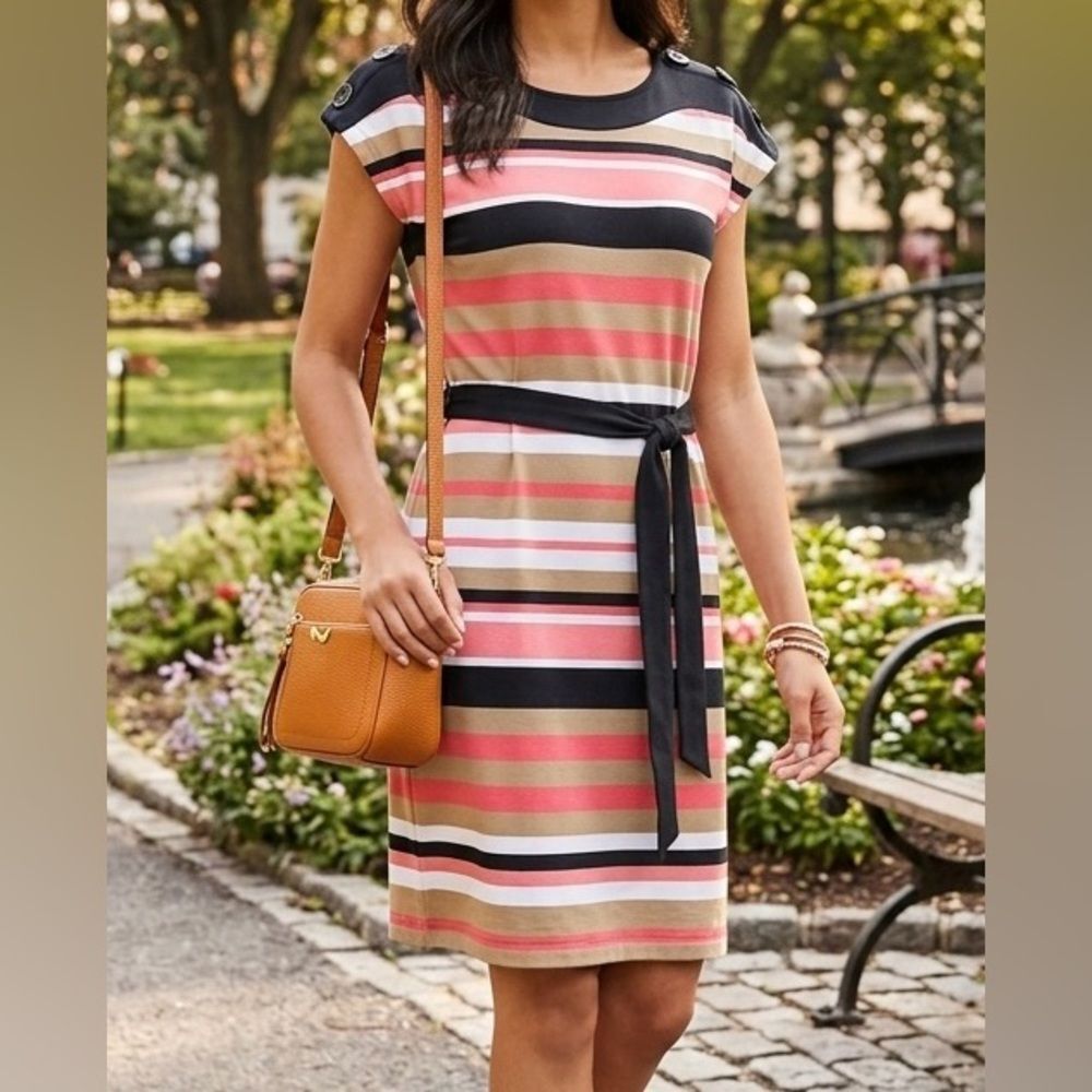 Allison Brittney Striped Midi Dress in Pink, Navy and Tan - Picture 9 of 10